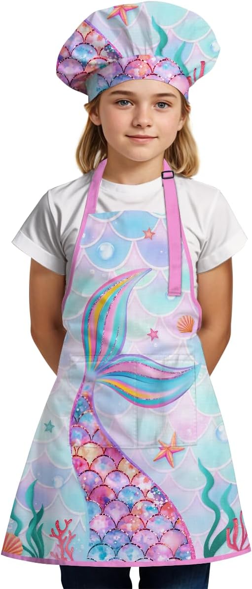 SANDJEST Kids Apron with Chefs Hat Set, Kitchen Apron Gifts