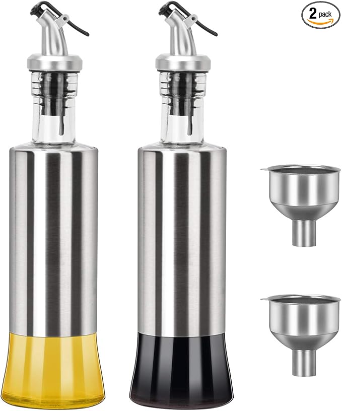 onlyfire Olive Oil and Vinegar Dispenser Set - 2Pack, 12 Oz Stainless Steel Oil Bottles Dispenser for Kitchen Cooking and BBQ (2PCS Funnel included)