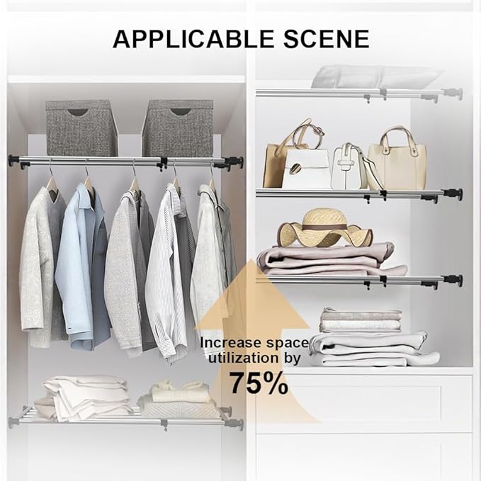 Hershii Expandable Closet Tension Shelf Rod Adjustable Metal Storage Rack Cabinet Organizer DIY Divider Separator Shelves for Wardrobe Cupboard Kitchen Bathroom, Black, 39.76-60.03inches