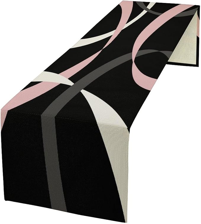 Abstract Pink Table Runner Grey and White Striped Black Background Modern Geometric Kitchen Dinner Runner for Indoor Home Living Room Party Dining Table Decoration 13"x90"