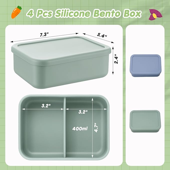 Layhit 2 Pcs Silicone Bento Box for Adults, 27 oz Bento Lunch Container Reusable 2 Compartment Lunchable Food Container for Women Men, Leak Proof Microwave Dishwasher Freezer Safe (Gray Blue,Green)