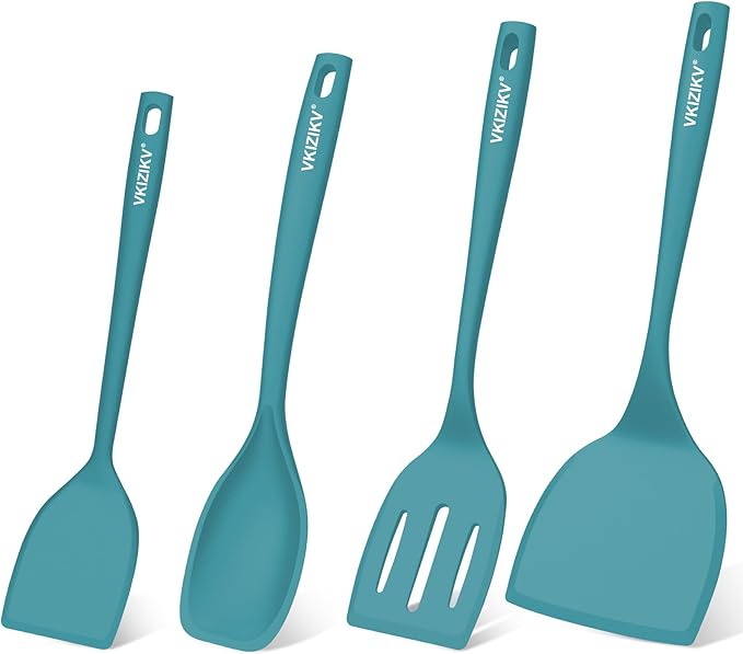 Silicone Spatula Turner Set, 4 Pack, 600°F Heat Resistant Cooking Spatulas, Spoons, BPA Free & Non-Stick Kitchen Utensils, Ideal for Flipping Egg, Pancake, and Serving, Dishwasher Safe (Blue)