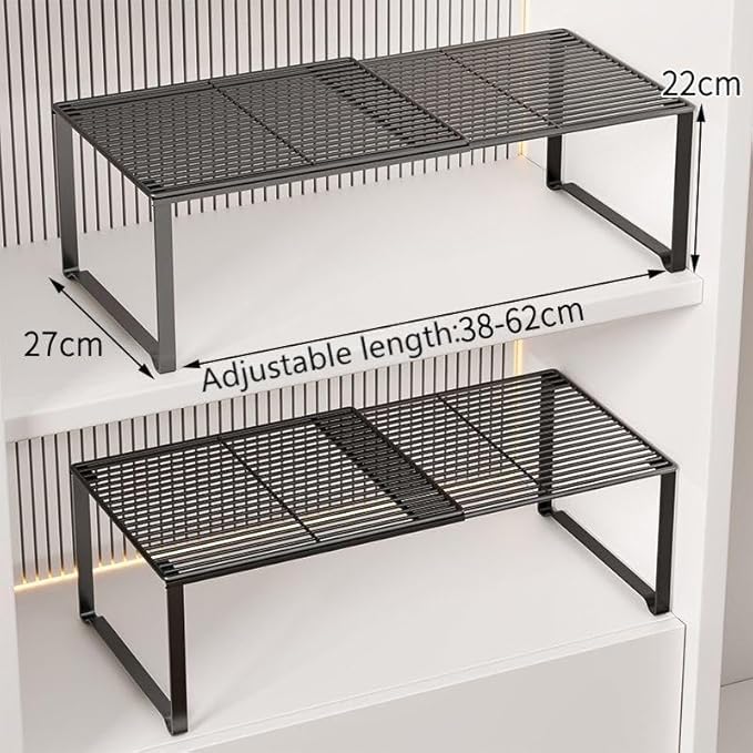 Extendable Metal Wire Shelf Organizer - Adjustable 15-24.4in Length, Stackable Storage Rack for Kitchen/Pantry/Bathroom/Shoe Cabinet/Tool Closet (4,Black)