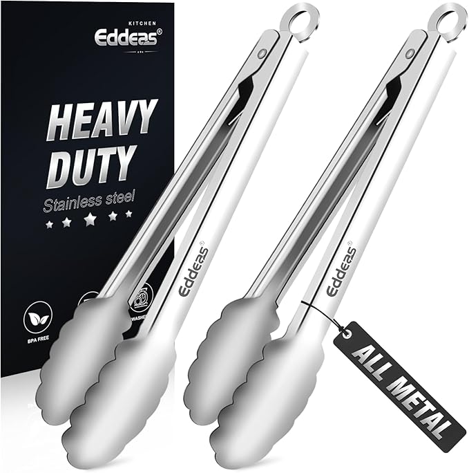 Eddeas 2PCS 9inch Tongs for Cooking - Heat Resistant 600 Degree Kitchen Tongs, Heavy Duty All Metal Food Tongs, Stainless Steel and Non-Slip handle, Salad, Grilling, Barbecue, Dishwasher safe
