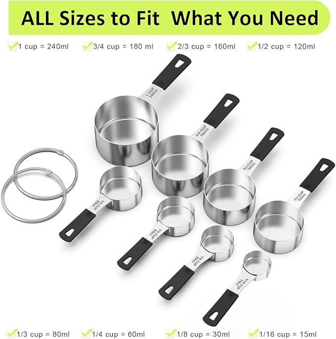 Measuring Cups & Spoons Set of 18 - Wildone Stainless Steel Nesting Measuring Cups 8 Piece and 9 Measuring Spoons, 1 Leveler, Ideal for Dry and Liquid Ingredients (Black)