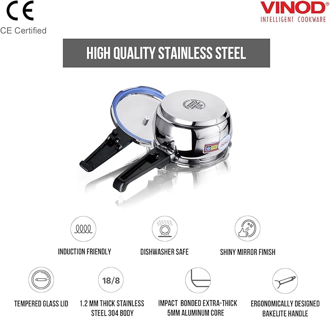 Vinod Pressure Cooker Stainless Steel – Glass Lid Handi Pot - 5.5 Liter – Indian Pressure Cooker – Stove Top Sandwich Bottom – Best Used For Indian Cooking, Soups, and Rice Recipes, Quinoa