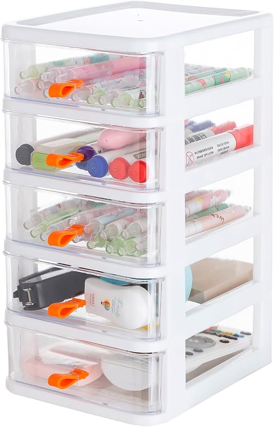 Gagee 5 Drawer Mini Stackable Storage Drawers,Plastic Dressers with Drawers for Arts and Crafts, Small Tools, Sewing Accessories, Stationary, and Hardware,Clear/White Frame