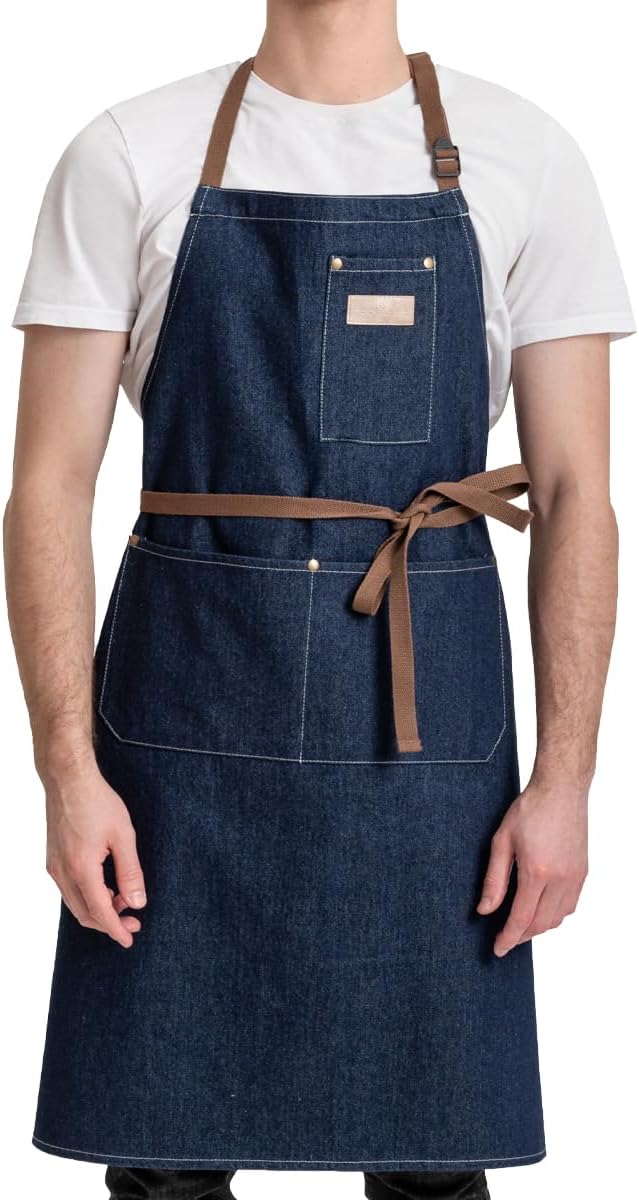 ROTANET Denim Work Apron with 3 Pockets Jean Shop Aprons for Chef Hairstylist Kitchen Woodworking for Men Women Blue Black