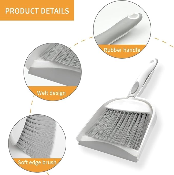 Dust pan, Mini Dustpan and Brush Set, Small Broom and Dustpan Set, Small Hand Broom and dust pan Set, Whisk Broom, Dust pan and Brush for Desk, Table, Home, Kitchen Necessities (Gray 2pcs)