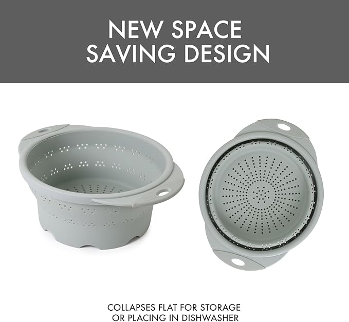 Dexas 10" Collapsible Silicone Colander in Sage, Kitchen Strainer with Handles, 15.1 Cup Capacity | BPA-Free, Heat-Resistant, Space-Saving Kitchen Tool
