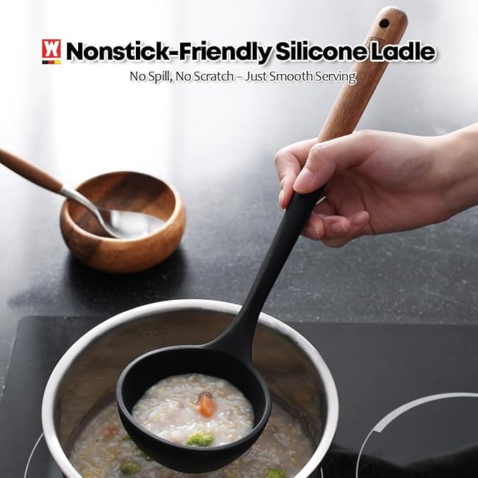 WAGENSTEIGER Set of 2pc Silicone Cooking Utensils: Wooden Handle Ladle + Long Head Serving & Cooking Spoon, Heat Resistant, BPA Free, Scratch-Resistant Surface Design