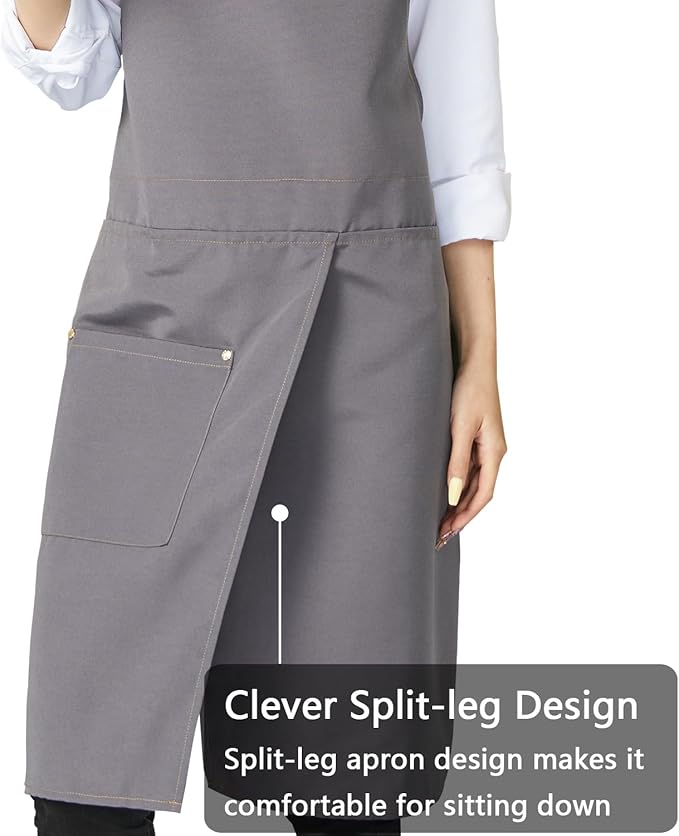 KITCHIEF Pottery Apron Split Leg,Cross Back Chef Apron with Pockets,Painting Apron with Adjustable Straps for Cooking,Baking,BBQ,Ceramic,Gardening(Gray)