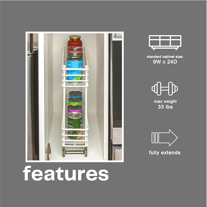 Household Essentials Glidez Paint-Finished Steel Pull-Out/Slide-Out Basket Storage Organizer with Plastic Liners for Under Cabinet Use - 2-Tier Design - Fits Standard Size Cabinet or Shelf, White