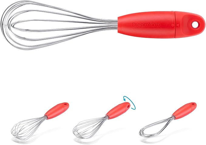 Dreamfarm Mini Flisk 3-in-1 Fold-Flat, Space-Saving Baking & Cooking Balloon Whisk, Sauce Whisk & Flat Deglazing Whisk, Stainless Steel - 9" Red