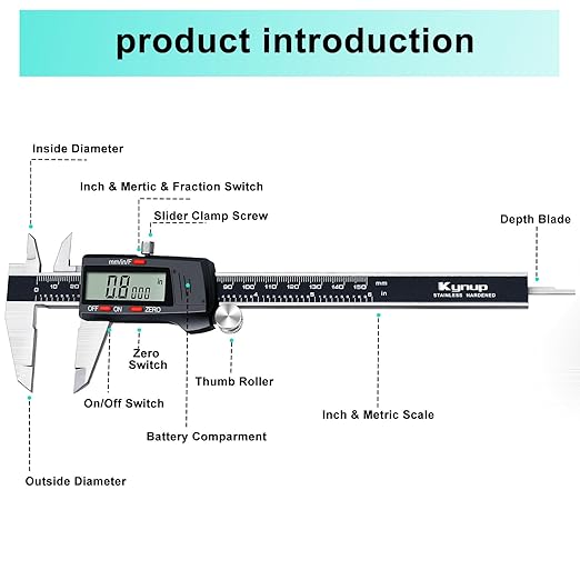 Kynup Digital Vernier Caliper, Caliper Measuring Tool, Outside Micrometer Dial Caliper with Stainless Steel, Large LCD Screen, Auto - Off Feature, Inch Metric Fraction Conversion (6Inch/150mm)