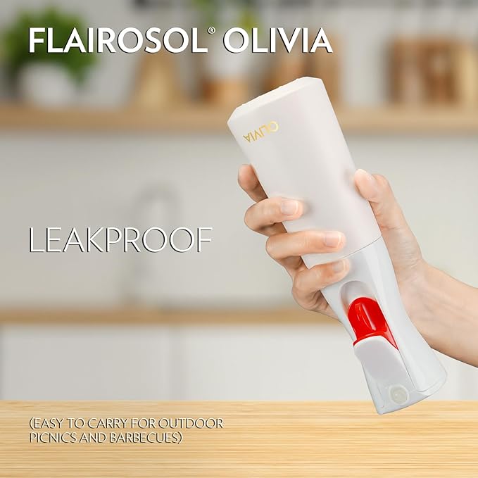 OLIVIA Signature Oil Sprayer for Cooking, 200ml Glass Olive Oil Sprayer, Continuous Cooking Spray with Portion Control, Oil Dispenser for Kitchen, Air Fryer, Salad, BBQ (White Bottle, Gold Print)