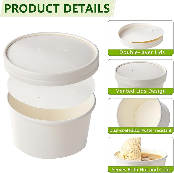 50 Count (16 oz) One - Pint Frozen Dessert Containers with Lids, Ice Cream Cups with Lids, Paper Soup Containers with lids(Wide Mouth)