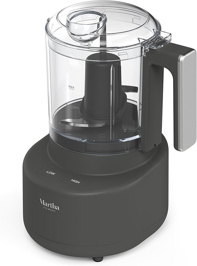 Martha Stewart 3 Cup Food Processor, Electric Vegetable Chopper, Stainless Steel Blades, 24oz BPA-Free Bowl, Pour Spout, Dicing, Mincing, Chop & Puree, Dishwasher Safe, Oil Chute, Easy-Clean, Caviar