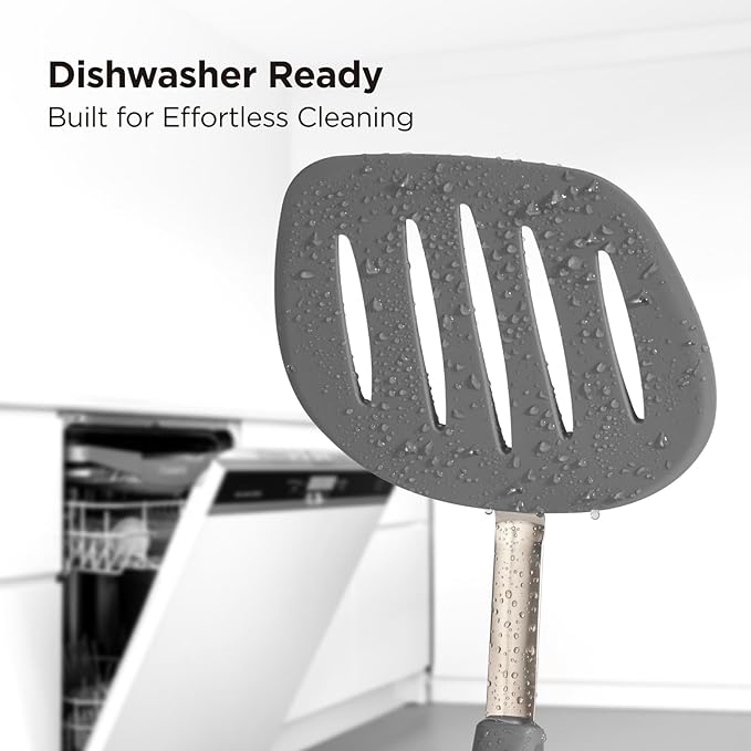 Kitchen Mama WaltzGrip Platinum Silicone Pancake Spatula Turner: Heat Resistant Flexible, Stainless Steel Core, Nonstick, Dishwasher Safe, Flipper – Ideal Kitchen Cookware Egg, Fish, Meat (Metal Gray)