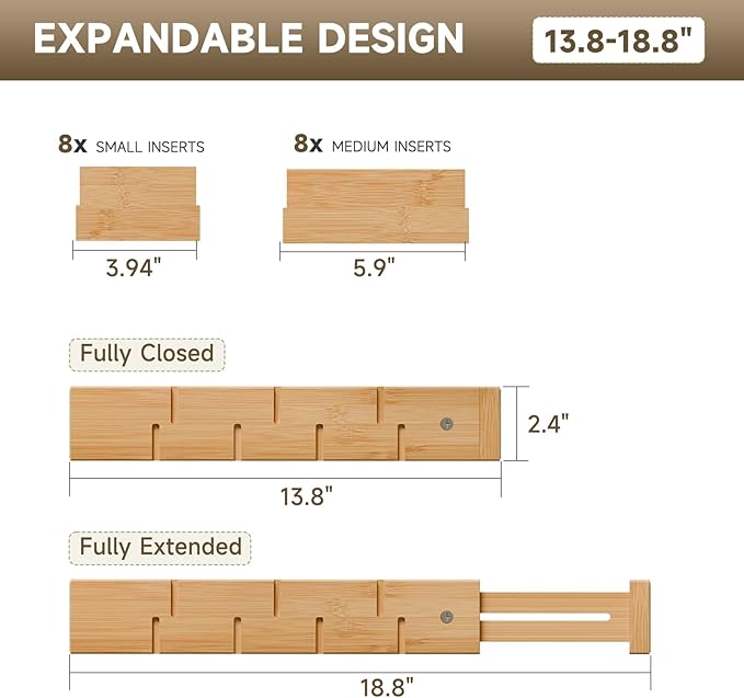 Bamboo Drawer Dividers, Expandable Kitchen Drawer Organizer, Include 8 Dividers, 8 Small Inserts and 8 Medium Inserts for Home, Office, Dressers (Short-8 Dividers)