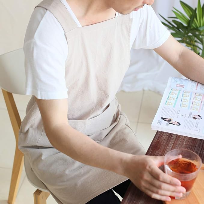 NEWGEM Japanese Cotton Linen Cross Back Cooking Apron for Women Men with Pockets Cute for Baking Kitchen