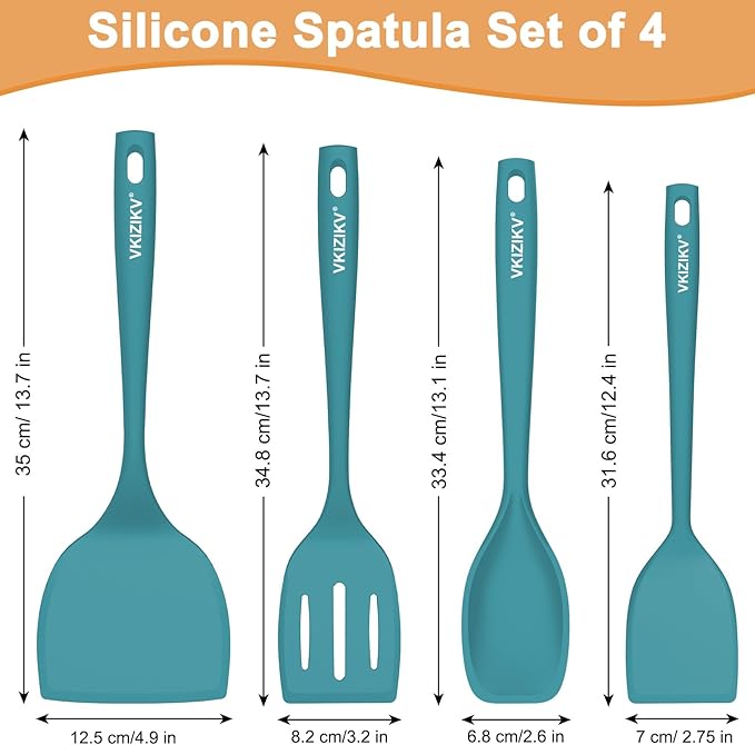 Silicone Spatula Turner Set, 4 Pack, 600°F Heat Resistant Cooking Spatulas, Spoons, BPA Free & Non-Stick Kitchen Utensils, Ideal for Flipping Egg, Pancake, and Serving, Dishwasher Safe (Blue)