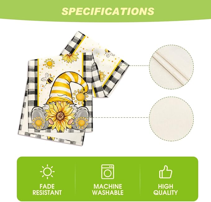 Artoid Mode Buffalo Plaid Sunflower Gnome Bee Summer Table Runner, Seasonal Spring Kitchen Dining Table Decoration for Home Party Decor 13x108 Inch