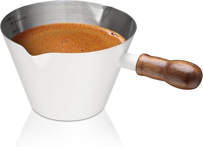 Amrules Espresso Cup, 6.8 oz/200 ml Stainless Steel Coffee Shot Measuring Cup with Wood Handle, Double V-Shaped Mouth and Clear Scale for Cappuccino Barista Coffee Bar Accessories, White