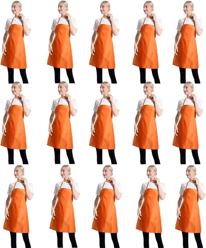 Orange Color Plain Bib Aprons Bulk for Women Men Adult-Unisex Aprons with 2 Front Pockets,Size 24"X28"Kitchen Cooking Server Painting Aprons(Orange-15PCS)