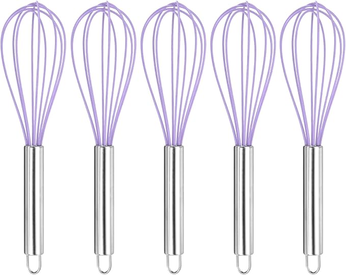 HARFINGTON 5Pcs Silicone Whisk 10" Kitchen Whisk Wire Whisks Beater with Stainless Steel Handle for Egg Milk Whisking Blending Beating & Stirring, Purple