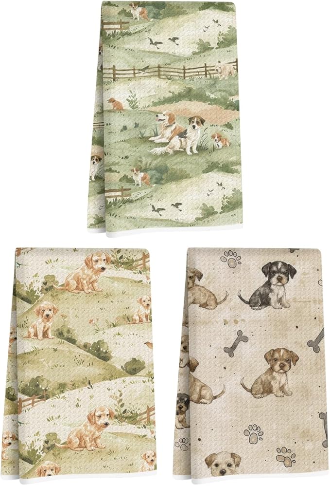 3 Pcs Cute Dog Kitchen Towels, Vintage Decorative Absorbent Microfiber Dish Cloth Tea Towel, Rustic Field Waffle Soft Hand Towels for Farmhouse Home Bathroom, Dog Lover Gifts