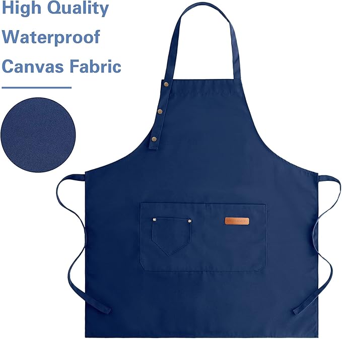 Apron for Men Women with Adjustable Straps and Large Pockets, Canvas Cotton Cooking Kitchen Chef Bib Aprons Waterproof Blue