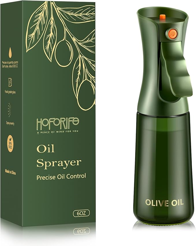 Glass Olive Oil Sprayer for Cooking, Oil Mister Continuous Cooking Spray with Portion Control for Kitchen 200ml/7oz (Green Bottle)