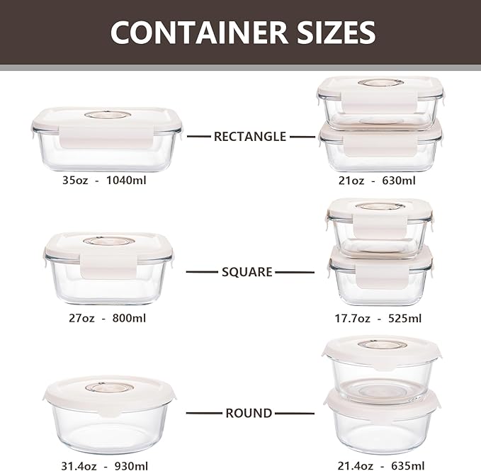 Glass Vacuum Sealable Container Set - 9 Pieces, 6 Sizes, Hand Pump, 10 Bags