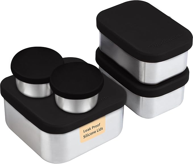 Modaniam Flexibento - Leak proof Stainless Steel Bento Box | Stainless steel Snack Containers | Food Containers with Silicone Lids | Metal Food Containers| Bentobox - Black, 52 Oz Set (set of 5)