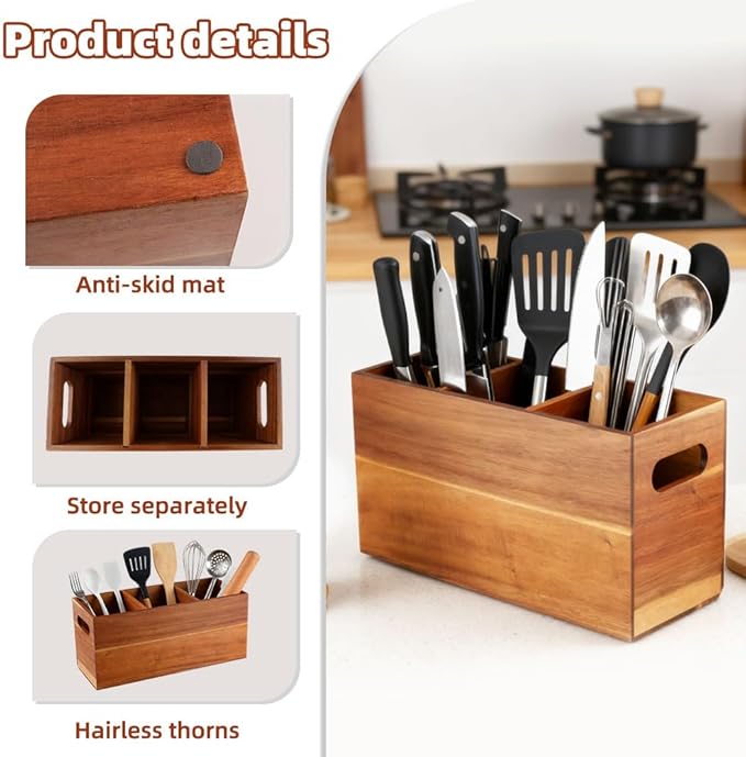Wooden Utensil Holder for Kitchen Counter, 12'' Extra Large Acacia Kitchen Utensil Holder with 3 Removable Compartments, Wood Utensil Organizer Storage for Cooking Tools and Cutlery