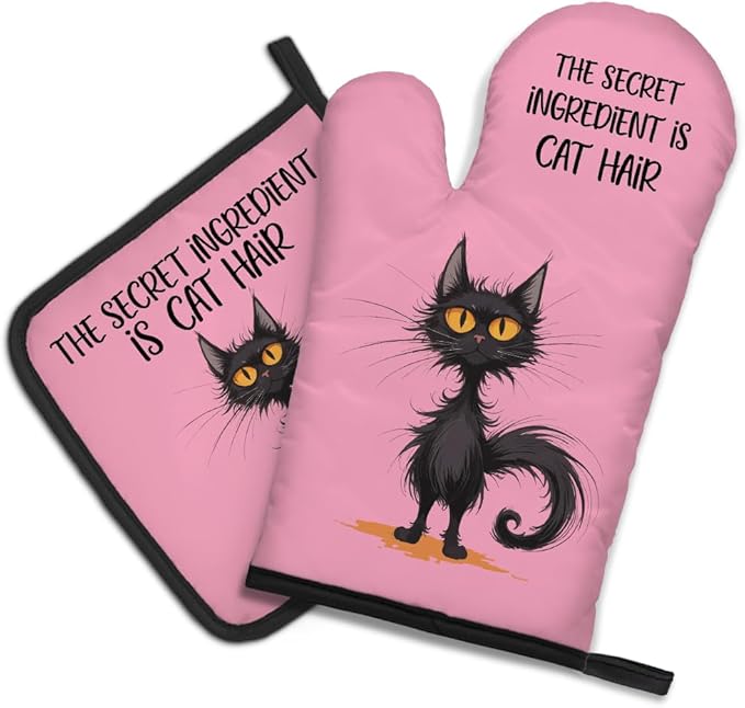 DYJYBMY The Secret Ingredient Is Cat Hair Pink Oven Mitts and Pot Holder Set, Cute Cat Kitchen Gadgets for Women Cat Lover, Housewarming Gifts for Cat Mom Hostess, Baking Gifts for Mom Aunt Sister BFF