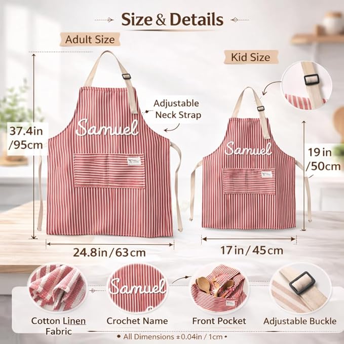 Personalized Apron for Women with Custom Name – Handmade 3D Crochet Corduroy Kitchen Apron with Pocket | Cute Cooking Baking Apron | 20+ Colors | Mother’s Day Gift for Mom