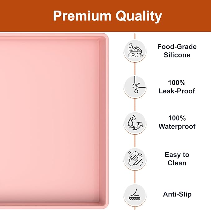 ukeetap Extra Thick Silicone Mat Waterproof with Raised Edge 19” x 12”, BPA Free Non-Slip Dog & Cat Food Mat, Feeding Mat for Food and Water Bowls, Spill Proof Mat to Protect Floors, Pink
