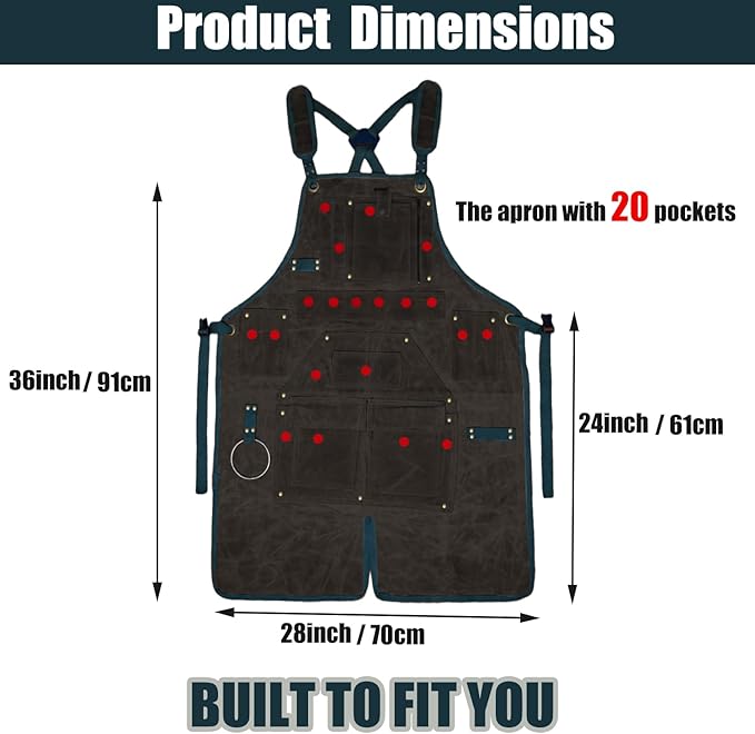 20-Pocket Heavy-Duty Waxed Canvas Work Apron – Fully Adjustable, Vintage Style Tool Organizer