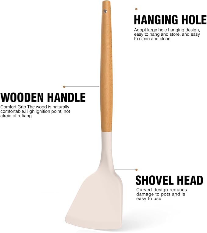 Silicone Cooking Utensils Set - AVGPD Silicone Kitchen Utensils for Cooking Wooden Handles, 446°F Heat Resistant Kitchen Utensil Spatula Sets w Holder, Gadgets for Non-Stick Cookware BPA FREE (Khaki)