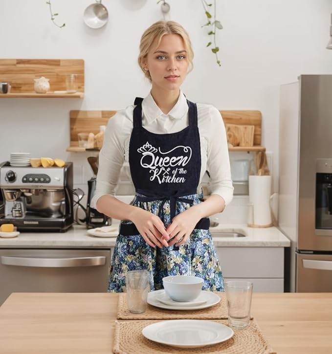 Cute Floral Aprons for Women with Pockets,Cotton Adjustable Neck Strap Apron for Kitchen Cooking Baking Gardening