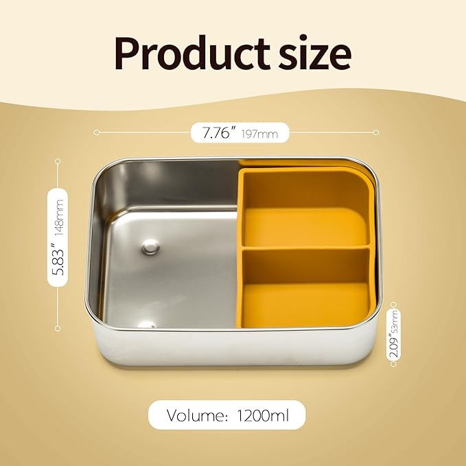 Stainless Steel Bento Box for Kids Adults, Toddler Lunch Box Containers with Silicone Lid,Removable 3 Compartment Design,Leakproof Snack Container, BPA Free, Dishwasher Safe-(1200ml,Yellow)