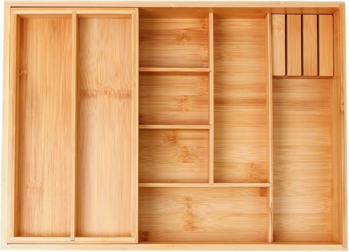 COIWAI Double Layer Bamboo Kitchen Drawer Organizer Cutlery Utensil Silverware Drawer Organizer, Silverware Tray for Drawer Removable Utensil Holder Flatware Organizer Multi-use Storage Box (L)