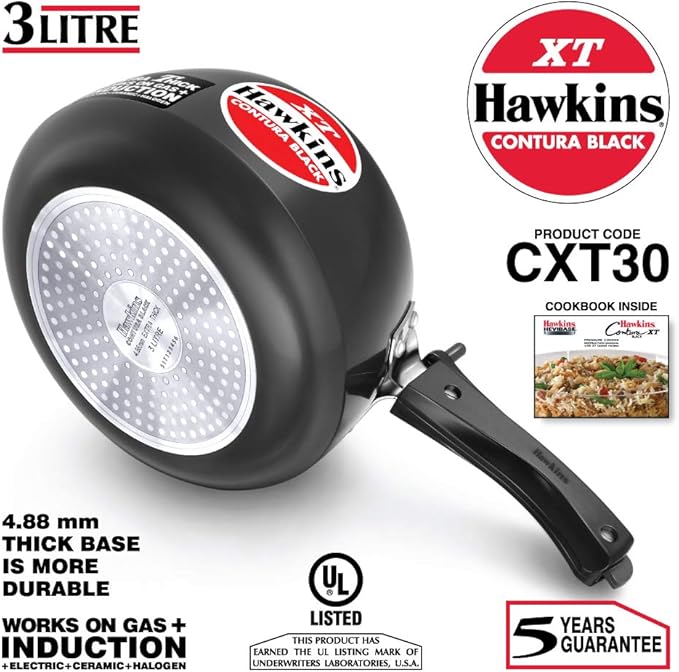 Hawkins Contura Hard Anodized Induction Compatible Extra Thick Base Pressure Cooker, Black, 3L