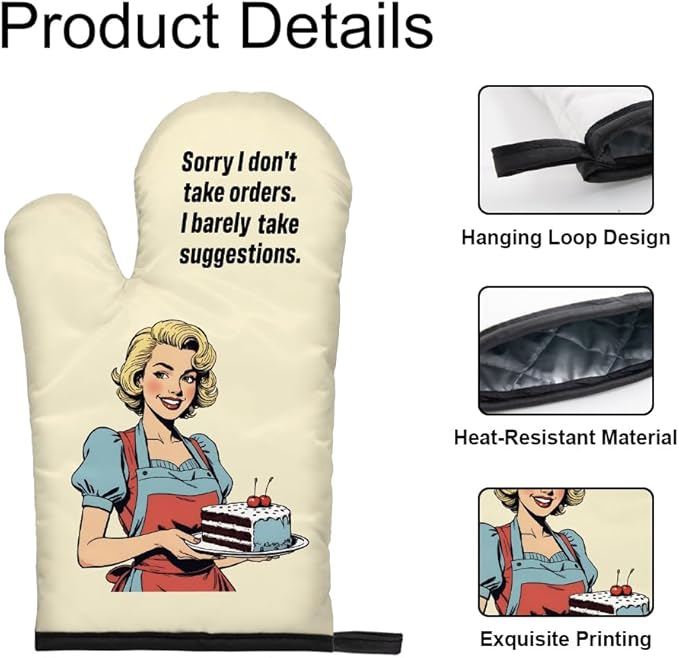 DYJYBMY Sorry I Don't Take Orders and I Barely Take Suggestions Funny Oven Mitts and Pot Holder Set, Funny Vintage Lady Kitchen Gadgets for Women, Housewarming Gifts for Chef Friend Mom Sister BFF
