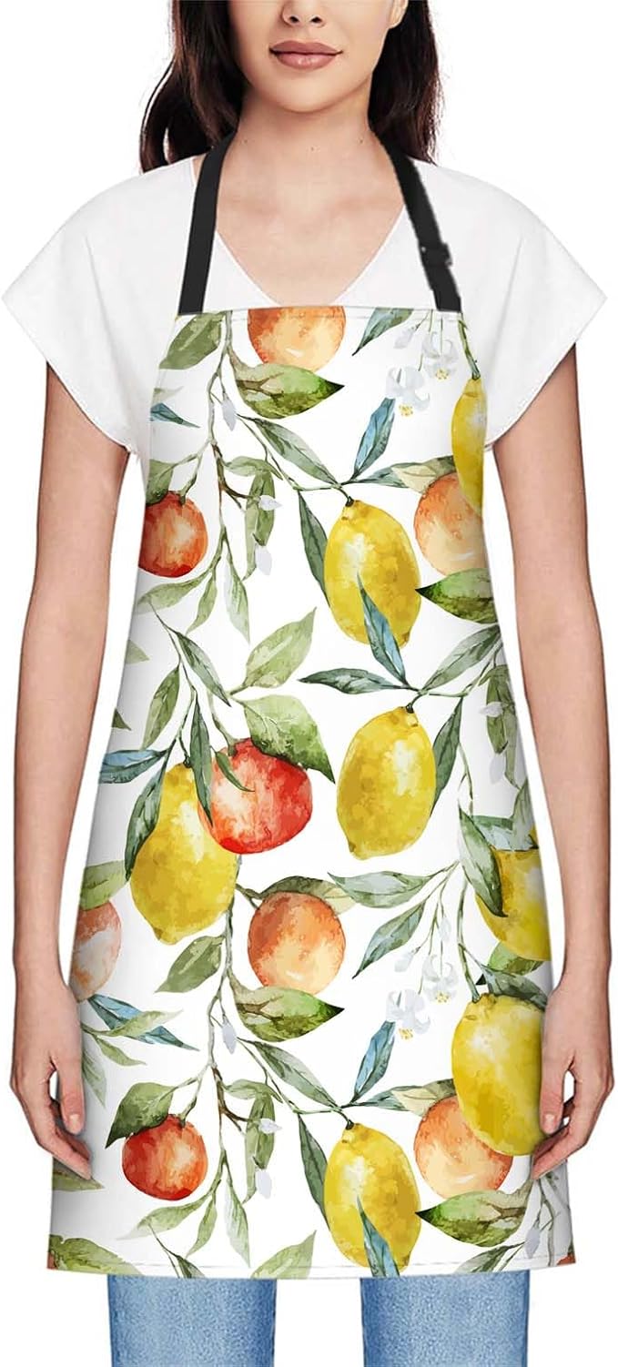 oFloral Watercolor Lemon Pattern Apron Unisex Adjustable Bib Apron, Cooking Kitchen Chef Apron, Women Men Apron for Home Kitchen, Restaurant, Coffee house