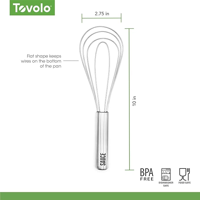 Tovolo Flat Whisk Stainless Steel 10” Gravy Whisk for Sauces Roux Batters, Large Kitchen Classic Dishwasher Safe Flat Bottom Whisker for Cooking Blending Mixing Stirring Whipping Beating Whisking