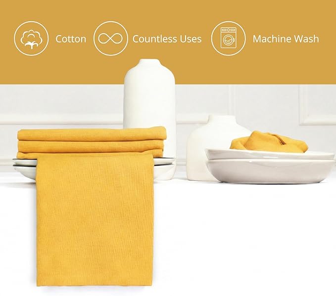 PurpleEssences Set of 12 Cloth Dinner Napkins 100% Cotton 18x18 Inch - Soft Durable Washable - Ideal for Farmhouse Party Spring Easter Summer - Perfect Everyday Use Table Linen - Golden Yellow