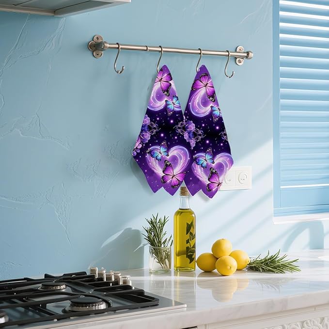 2 Pcs Purple Butterfly Kitchen Towels, Butterfly Soft Absorbent Tea Hand Towel, Waffle Dish Towels for Kitchen Bathroom Home Decor, Housewarming Gifts for Women Mom